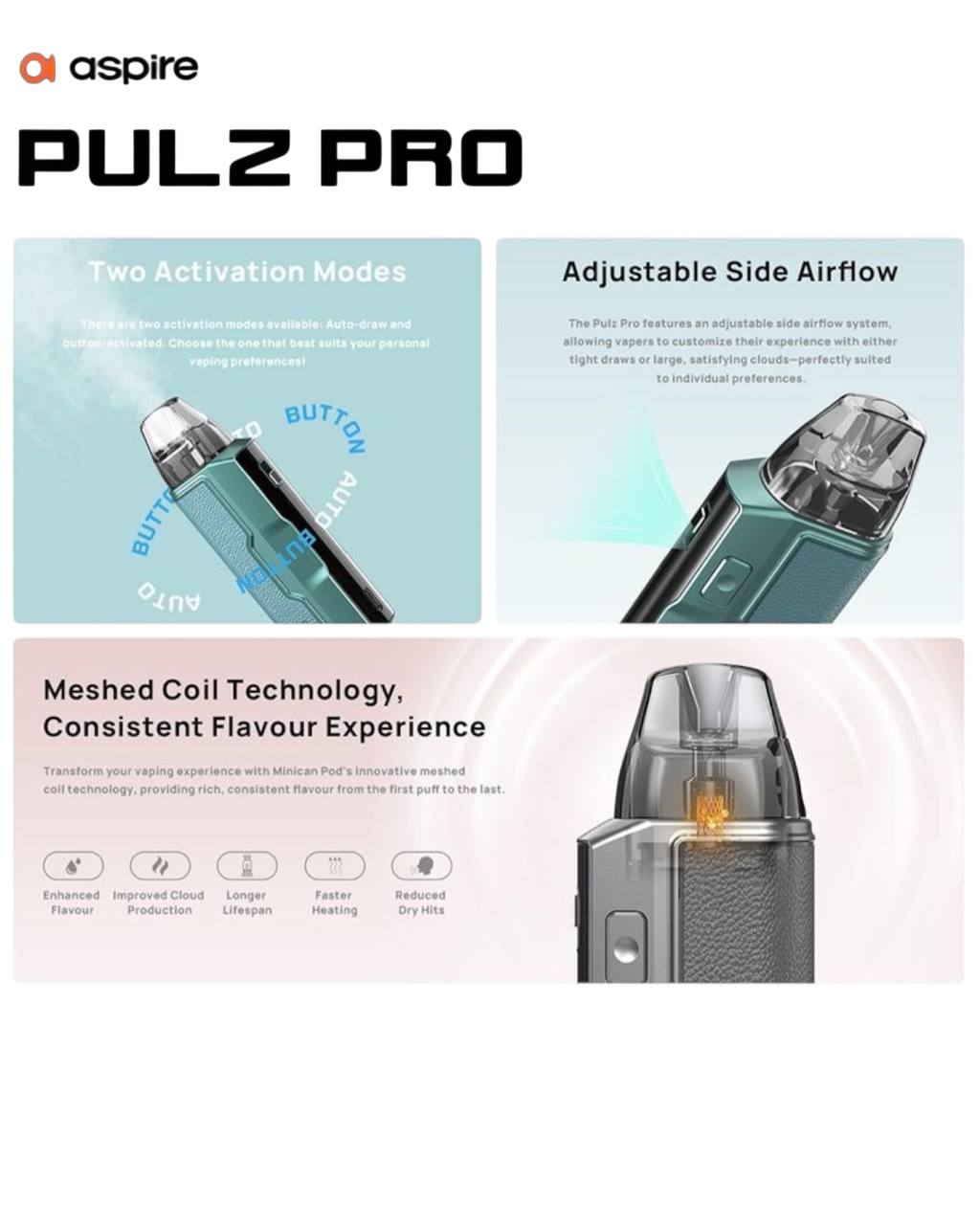 原廠正品 Aspire Pulz Pro 電子煙 小煙 注油式 大容量1400mAh Minican 5代