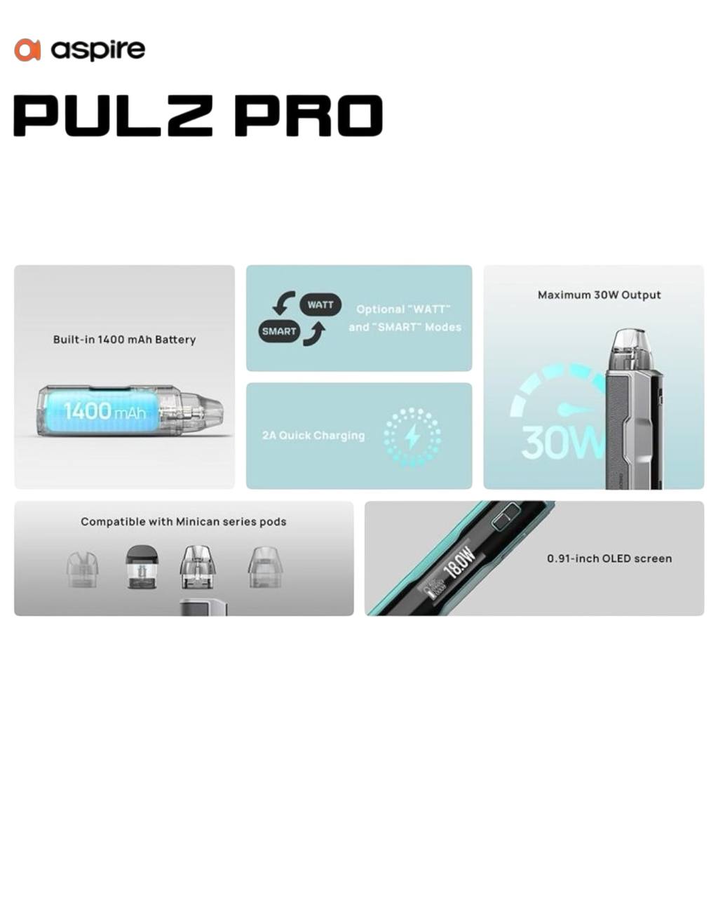 原廠正品 Aspire Pulz Pro 電子煙 小煙 注油式 大容量1400mAh Minican 5代